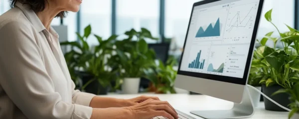 Responsable RH analysant des graphiques sur écran d'ordinateur dans un bureau moderne