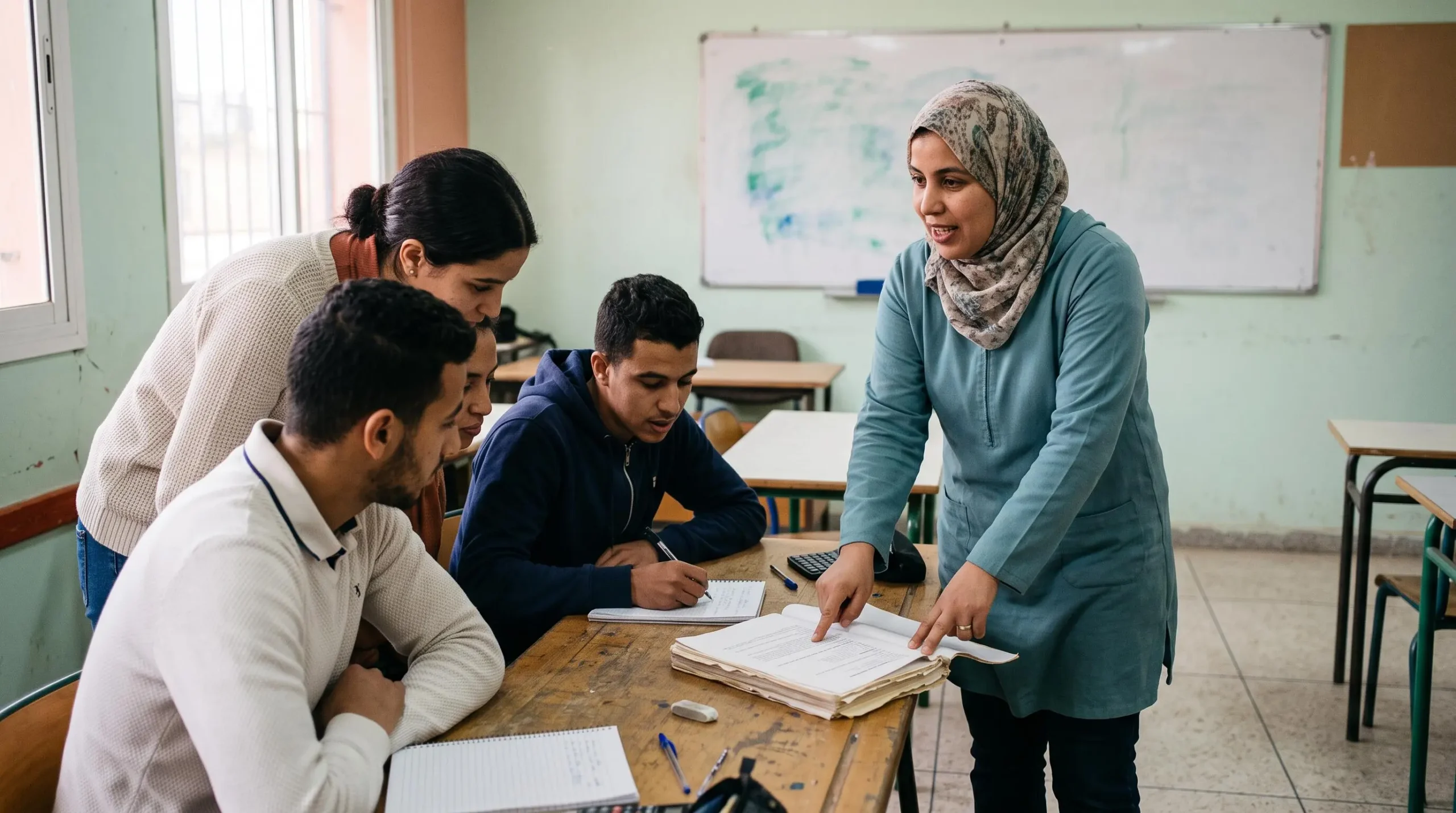 Une formatrice explique un exercice à un petit groupe de jeunes adultes en formation dans une salle de formation professionnelle au Maroc.