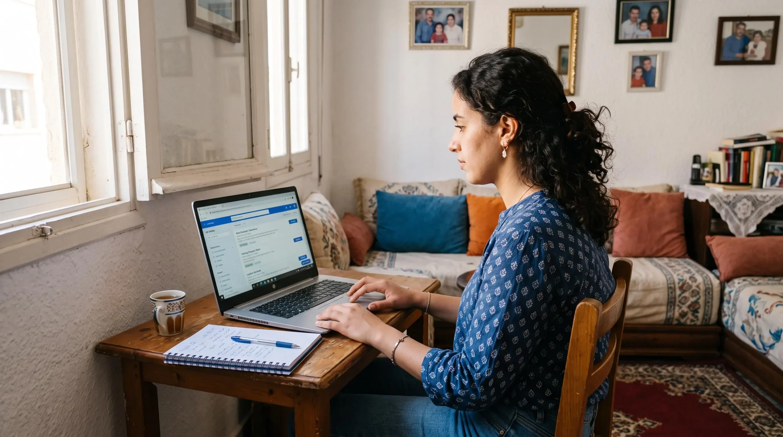 Une jeune femme recherche des offres de formation sur un ordinateur portable posé sur une table dans un salon.
