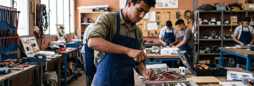 Un jeune homme en tablier de travail s'exerce au câblage électrique sur un panneau de formation dans un atelier de formation professionnelle au Maroc.