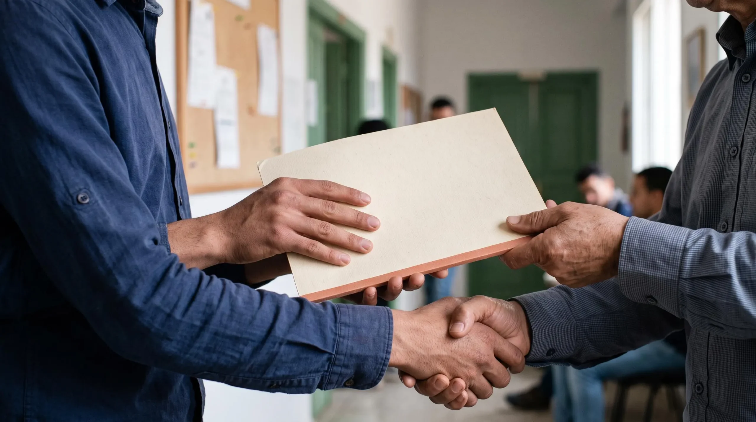 Gros plan sur une poignée de main lors de la remise d'une attestation de formation dans le couloir d'un centre de formation.