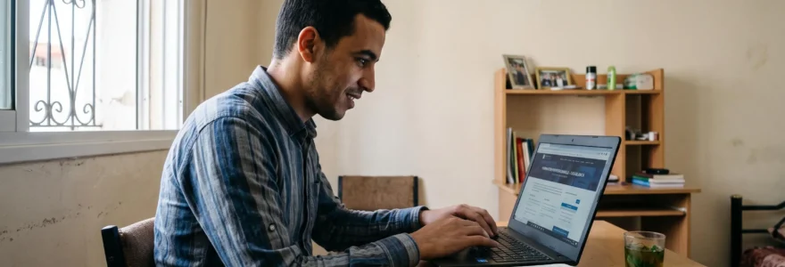 Un jeune homme marocain recherche une formation professionnelle sur un ordinateur portable, assis à son bureau à la lumière naturelle d'un appartement urbain.