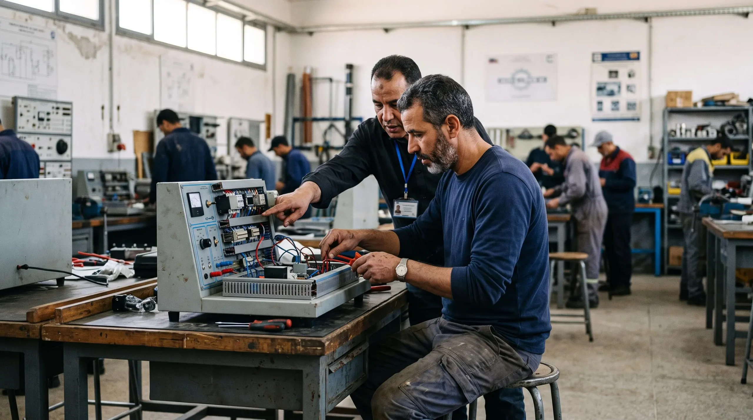 Un stagiaire pratique sur un module technique dans un atelier de formation professionnelle, guidé par un formateur qui désigne un composant.